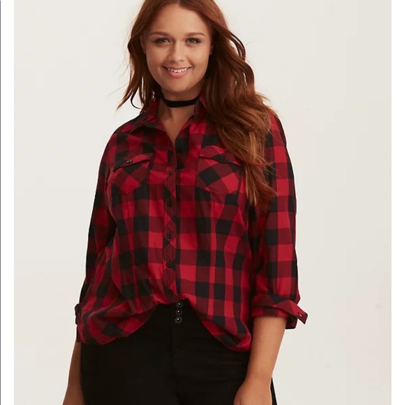 torrid Tops - Torrid Plaid Twill Camp Shirt Red Black Sz 2X